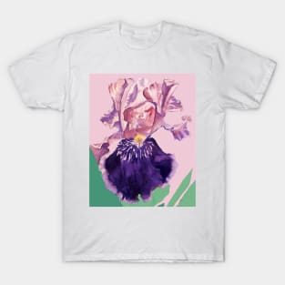 Iris Watercolor Painting - Glorious Purple on Baby Pink T-Shirt